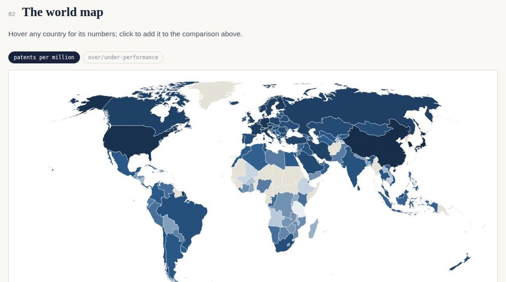 Preview of the patent dashboard: world map of resident patents per million people
